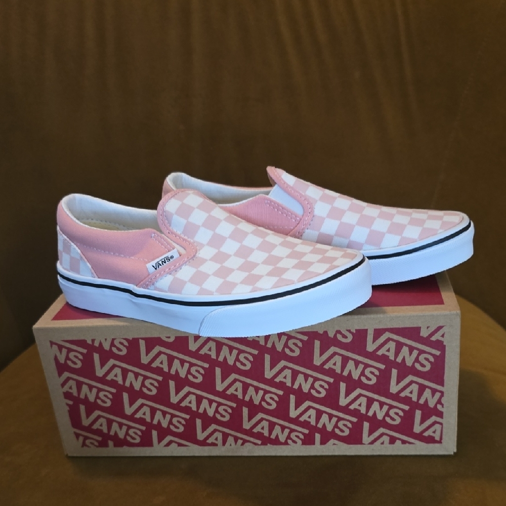 Vans Kids Pink and White Checkered Slip-On Sneakers